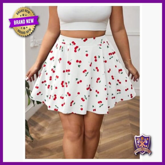 Plus Size High Waist Wide Leg Skorts Cherry Print Casual Wear - Picture 2 of 5